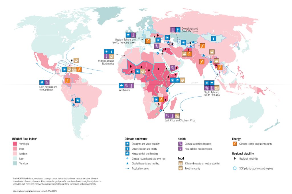 Eine globale Herausforderung: Die Karte illustriert die relevantesten klimabedingten Risiken für die Entwicklungszusammenarbeit in den kommenden Jahren. (Grafik: Zoï Environment Network)