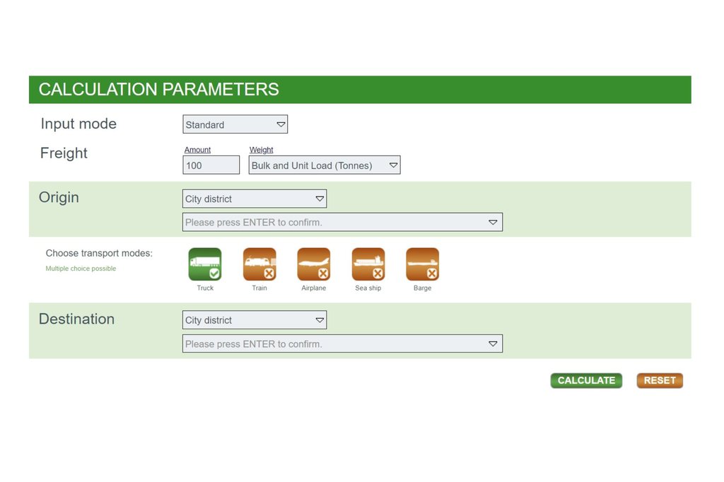 Emissions calculator for greenhouse gases and air pollutants: Using the free version of EcoTransIT World, users can get an impression of the emissions calculator. (Graphic: EcoTransIT)