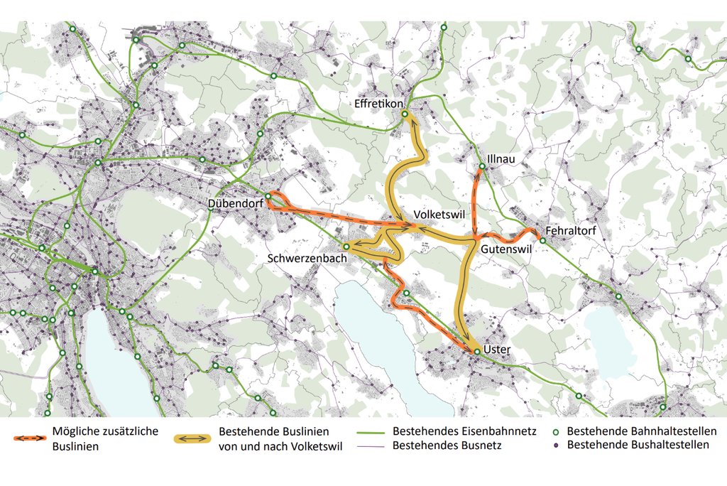 Bestehende Buslinien mit verschiedenen Ausbaumöglichkeiten zur besseren Anbindung Volketswils an das öV-Netz. (Abbildung: INFRAS)