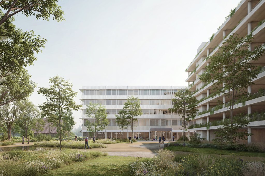 Der Standort für den Spital-Neubau ist bestimmt, ein Siegerprojekt gekürt – das Gebiet muss mit dem ÖV aber erst noch erschlossen werden. (Foto: Filippo Bolognese Images / Fischer Architekten AG)