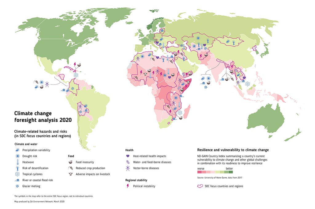 Global challenge: The map illustrates climate-related risks in development cooperation (map: Zoï Environment Network)