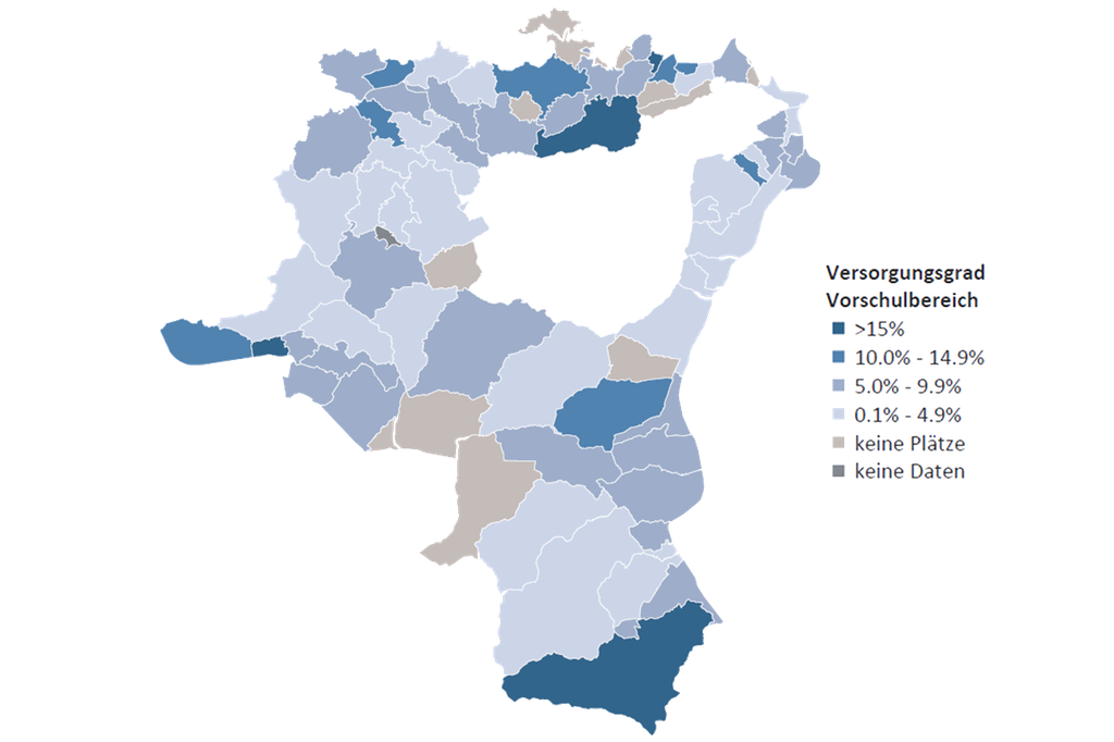Der Versorgungsgrad zeigt die Zahl der verfügbaren Vollzeitplätze im Verhältnis zur Zahl der Kinder in einer Gemeinde im Kanton St.Gallen. Er variiert im Vorschulbereich zwischen 0 und 20 Prozent. (Grafik: INFRAS)