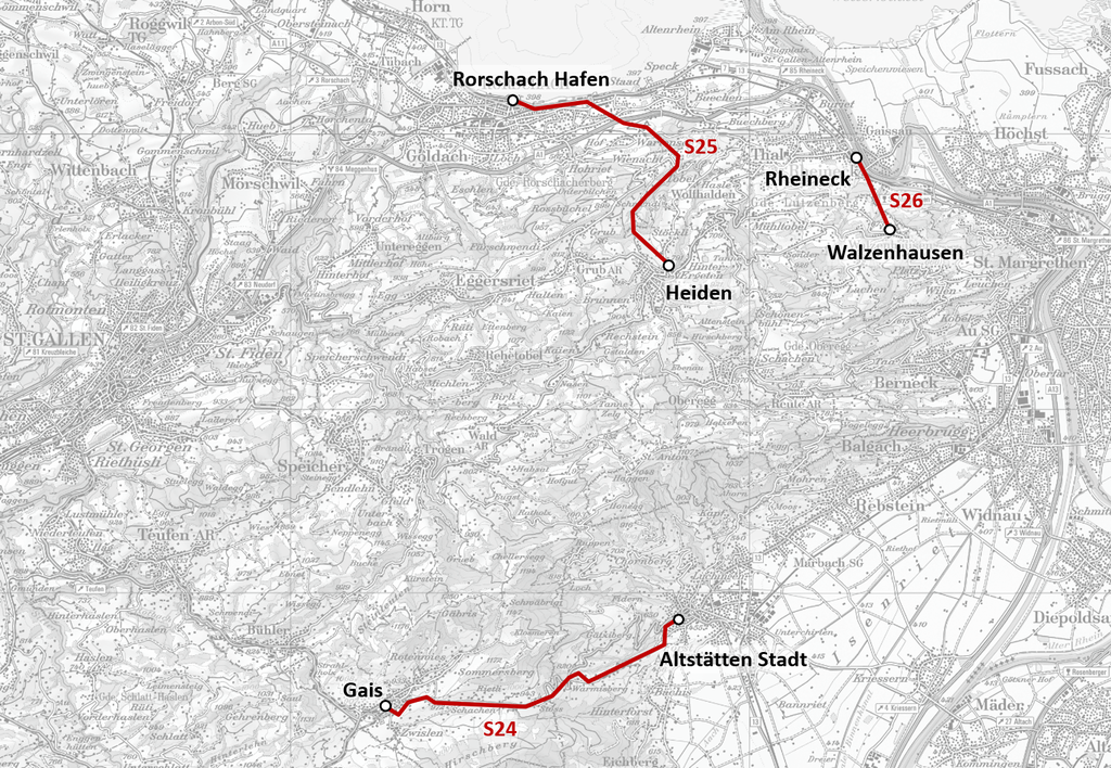 Die Streckenverläufe der analysierten Zahnradbahnen im Überblick. (Grafik: INFRAS. Copyright Kartengrundlage: Amt für Raumentwicklung und Geoinformation, AREG, Kanton St. Gallen)