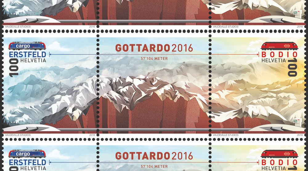 Sondermarke „Gottardo 2016“ – mit echtem, zu Pulver verarbeitetem Gotthardgestein bedruckt (Quelle: Schweizer Post)