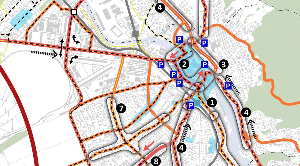 Thun rechnet mit einem deutlichen Verkehrswachstum. Wo der Handlungsbedarf besonders hoch ist und welche Massnahmen erforderlich sind, zeigt das Gesamtverkehrskonzept – unter anderem anhand von detailliertem Kartenmaterial. (Quelle: INFRAS, B+S)