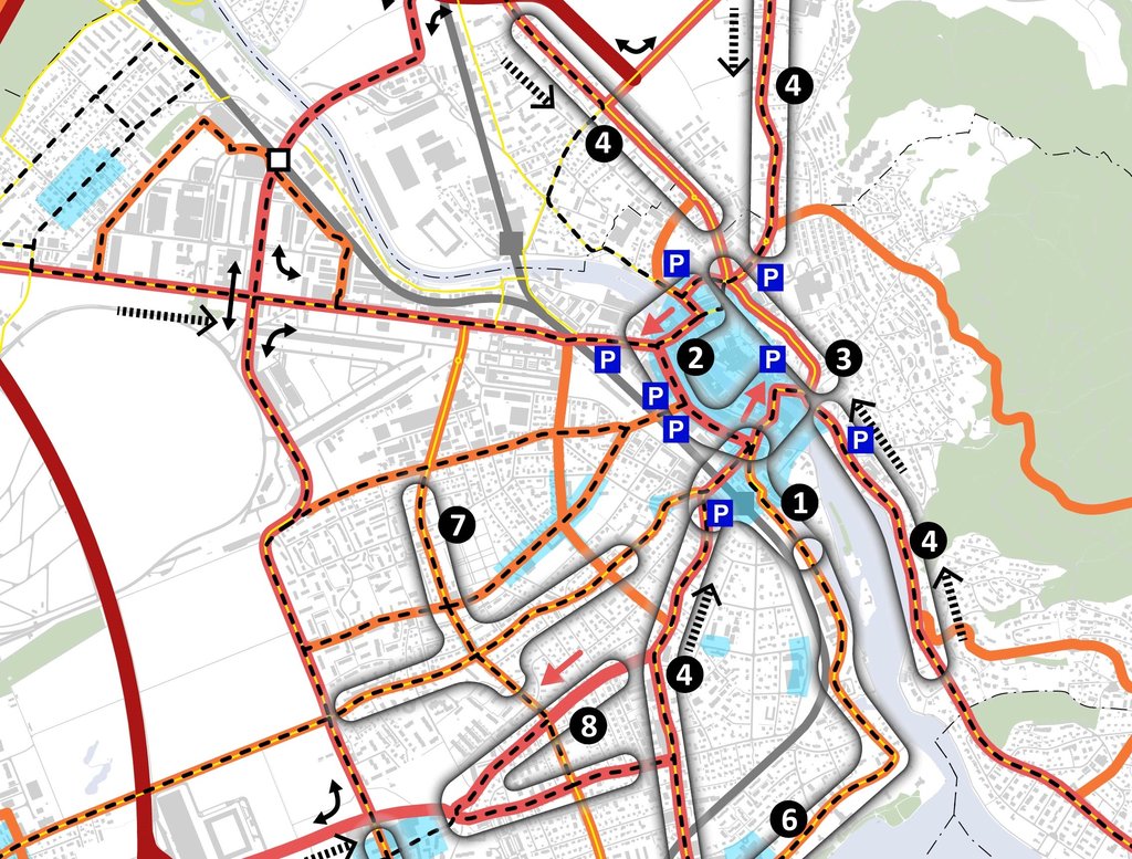 Thun rechnet mit einem deutlichen Verkehrswachstum. Wo der Handlungsbedarf besonders hoch ist und welche Massnahmen erforderlich sind, zeigt das Gesamtverkehrskonzept – unter anderem anhand von detailliertem Kartenmaterial. (Quelle: INFRAS, B+S)