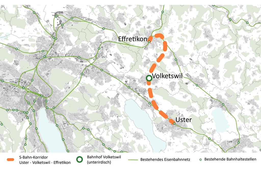 Einer von mehreren geprüften Korridore für eine Bahnlinie von Uster nach Effretikon via Volketswil. (Abbildung: INFRAS)