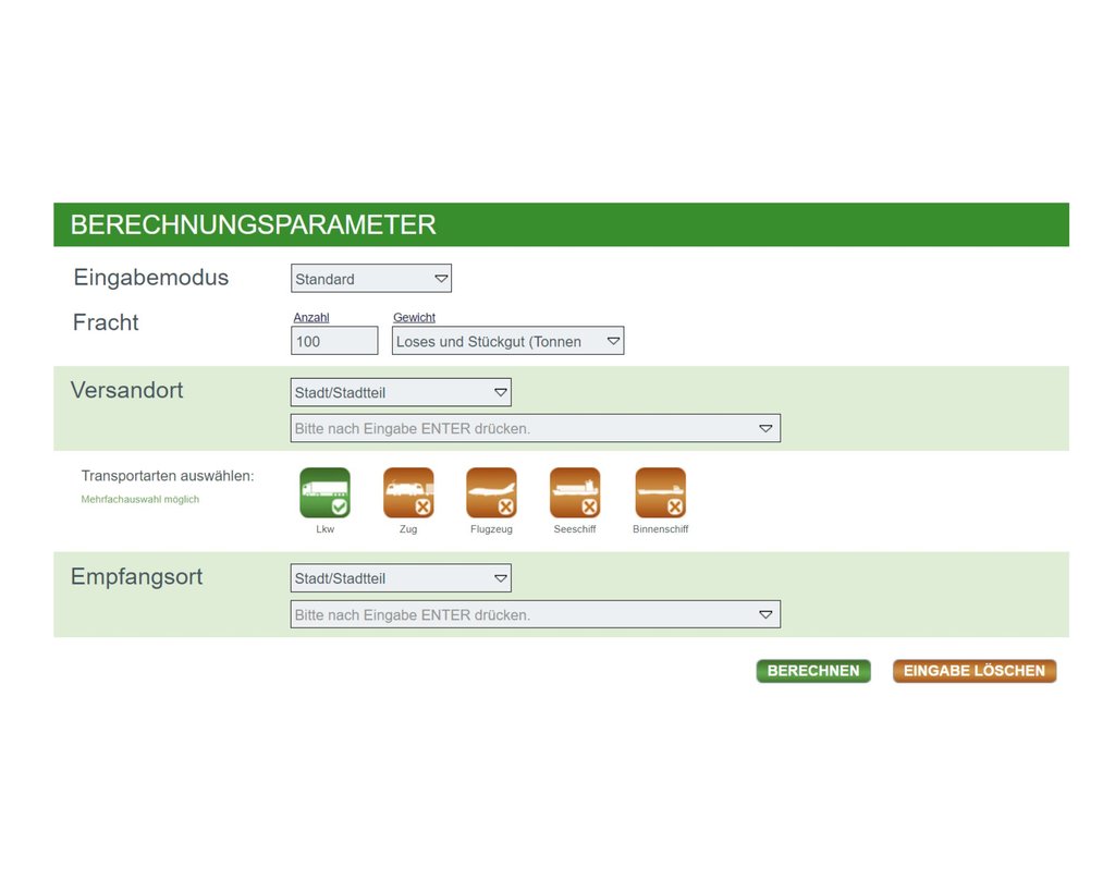 Emissionsrechner für Treibhausgase und Luftschadstoffe: Mit der Gratis-Version von EcoTransIT World können sich NutzerIinnen einen ersten Eindruck zur Funktionsweise des Emissionsrechners verschaffen. (Grafik: EcoTransIT)