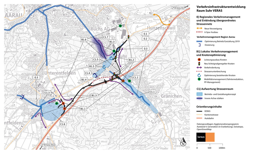 Kartenbeispiel für flankierende Massnahmen in den Teilbereichen Verkehrsmanagement und Aufwertung Strassenraum (Grafik: INFRAS)