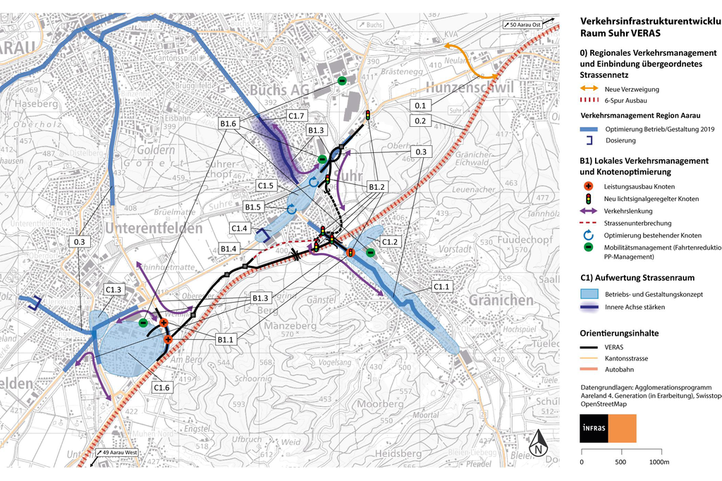 Kartenbeispiel für flankierende Massnahmen in den Teilbereichen Verkehrsmanagement und Aufwertung Strassenraum (Grafik: INFRAS)