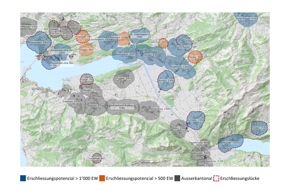 Beispiel Region Zürichsee-Linth: Die Analyse zeigt Siedlungsgebiete und hält das Erschliessungspotenzial fest. (Grafik: INFRAS; Quelle Karte: Swisstopo)