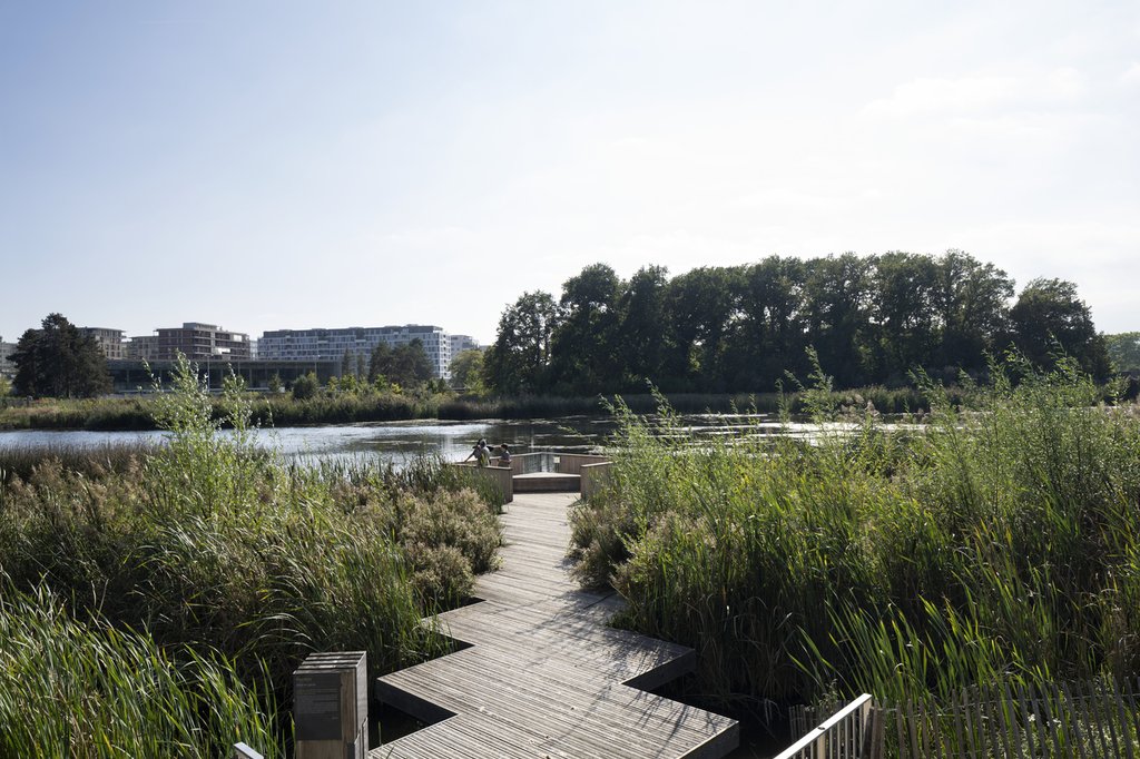 Der Lac des Vernes in Meyrin (GE) ist ein Rückhaltebecken für Regenwasser, das vom Gebrauchtwasser getrennt und ins Becken geleitet wird. Dadurch können Überschwemmungen verhindert werden. Auch Schwammstadtmassnahmen können durch Adapt+ gefördert werden. (Foto: Keystone / Gaëtan Bally).