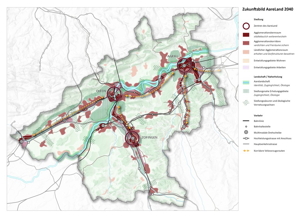 Das Zukunftsbild zeigt die bedeutenden Raum- und Verkehrselemente des Aarelands und deren Zusammenhänge. (Grafik INFRAS)