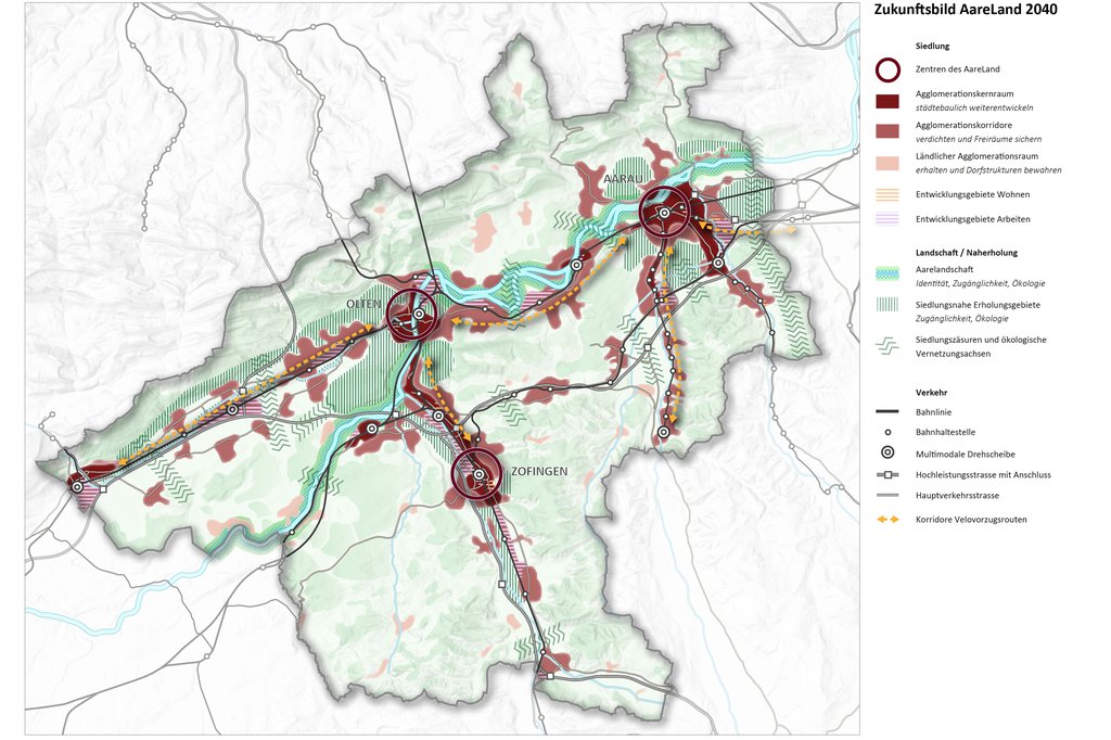 Das Zukunftsbild zeigt die bedeutenden Raum- und Verkehrselemente des Aarelands und deren Zusammenhänge. (Grafik INFRAS)